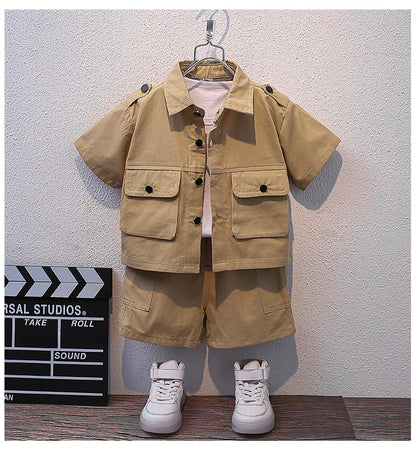 Summer Kids 2024 Summer New Boys Suit Child Buttons Shirt Cargo Shorts Multi-pocket Workwear Suit Short Sleeve Shorts Cotton Set