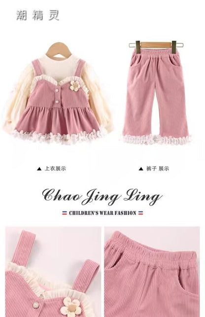 Girls Spring and Autumn Suit 2025 New Children's Girl Clothes Casual Pants Three-piece Set Baby Princess Suspender Dress