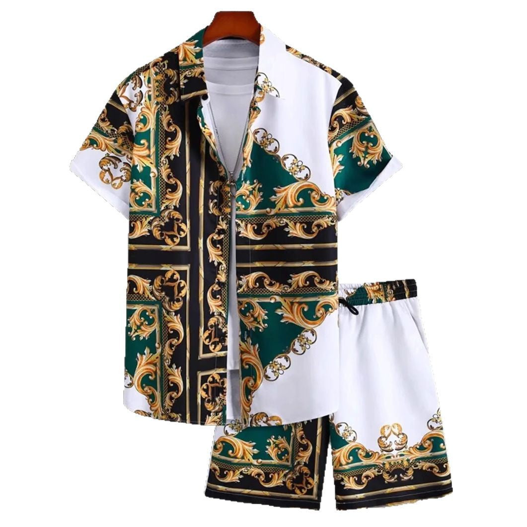 Short Sleeve Men's Summer Loose Foreign Trade Cross-border Casual Hawaiian Floral Beach Shirt Shorts