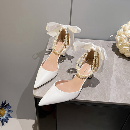 Hollow Pearl Chain Bow White Wedding Shoes