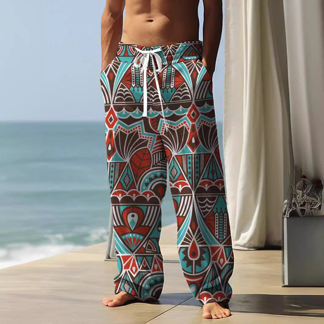 Autumn Men's Health Cloth Straight-leg Pants 3D Digital Vintage Print Ethnic Style Baggy Pant