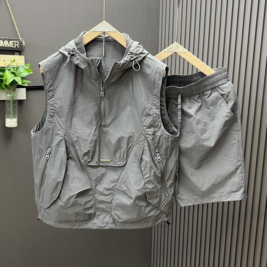 Casual Hooded Vest Suit Men's Summer Workwear Thin Loose