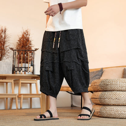 New Chinese Style Ice Silk Draping Pleated Cropped Pants Loose Men's Wide-leg Pants