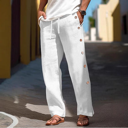 Men's Linen Trousers Drawstring Elastic Waist Side Buckle Solid Color Breathable Comfortable