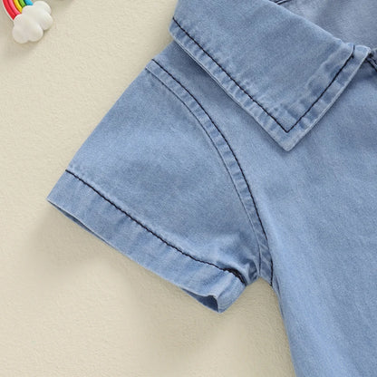 Baby Boys Summer Denim Romper Short Sleeve Lapel Button Down Jumpsuit with One Pocket