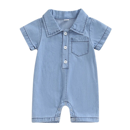 Baby Boys Summer Denim Romper Short Sleeve Lapel Button Down Jumpsuit with One Pocket