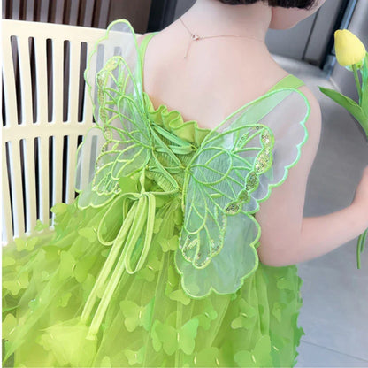 Fairy Girl Glitter Butterfly Wings Dress Summer New Kids Green Sling Princess Dresses Party Girls Costume