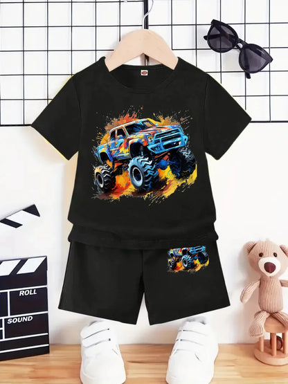 2 Piece Car Print Short Sleeve Suit, Suitable For Boys Summer Wear