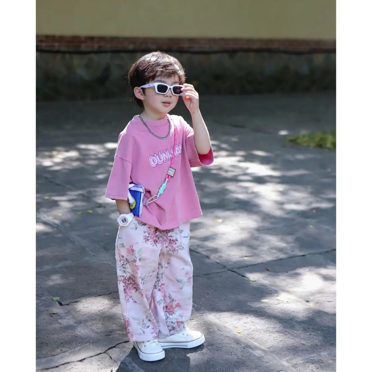 Boys Set Summer Outfit 2025 New Cute Pink T-shirt+ Floral Long Pants Children's Short Sleeved Handsome Pants Two-piece Set