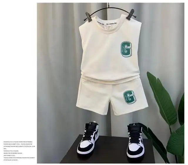 Kids Boys Summer Vest Set New Fashionable Baby Net Red Clothes Boys and Children's Fashion Two Piece Set Kids Outfits