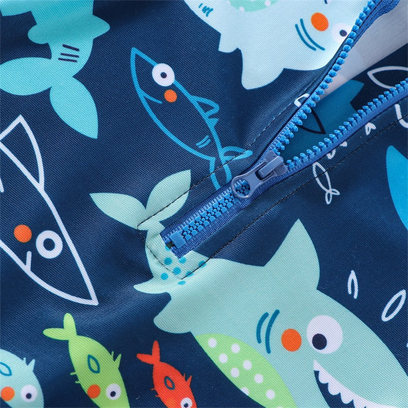 Baby Boys Summer Swimsuit Shark Printed Short Sleeve Zipper Jumpsuit Swimwear Children Casual Bathing Beachwear