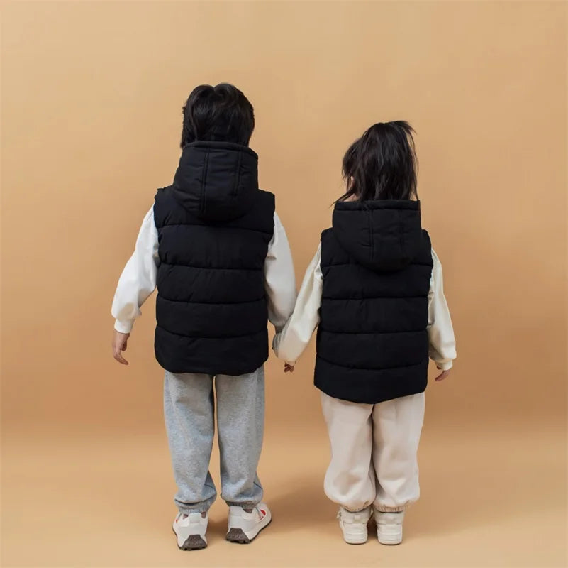 Winter Warm Baby and Girls Boys Cotton Lined Plain Hooded Zip Puff Vest Jackets Child Waistcoat School Kids Outfit Tops 3-12 Yr