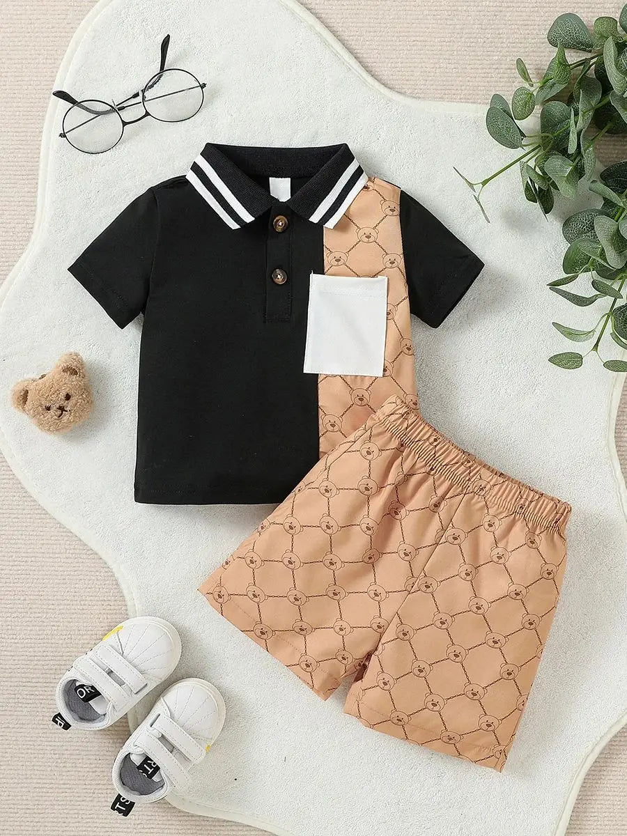 2pcs Boys Summer Patchwork Turn-down CollarT-shirt & Shorts Set For (6M-2Y)  Daily Streetwear