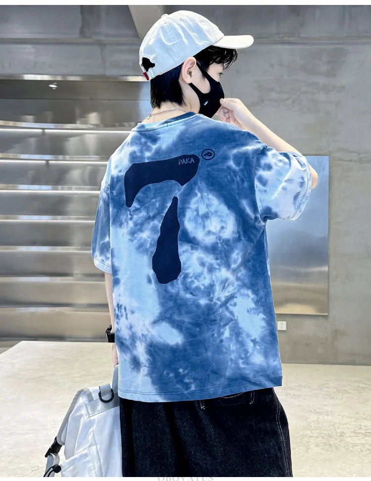 Summer Boys T Shirts Fashion Print Short Sleeve Tee Tops for Kids Cotton Tshirt Tie-Dye Casual Streetwear Teenager Outerwear
