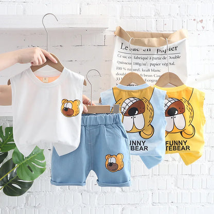 Boys Summer Children Vest Set New Boys Clothes Baby Cartoon Bear Sleeveless T-shirts Shorts 2pcs Casual Sport Sets