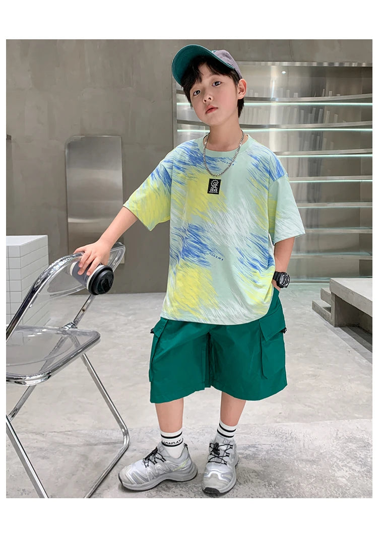 Summer  Boys Shorts Short Sleeve Shorts Handsome High Quality Leisure Sports Simple Two-piece Set.4-16year