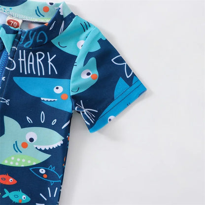 Baby Boys Summer Swimsuit Shark Printed Short Sleeve Zipper Jumpsuit Swimwear Children Casual Bathing Beachwear