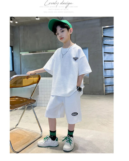 Fashion Boys Summer Sets 2024 New Teenager Casual Outfits Children Trends Clothes Suits Kids Short Sleeves Tops+Baggy Pants 2Pcs