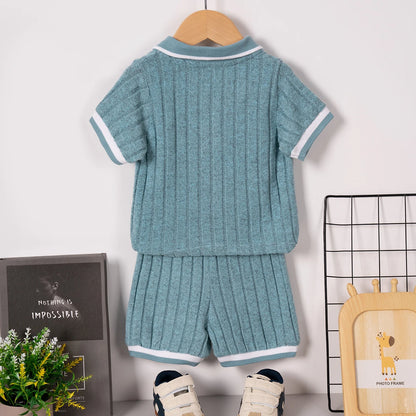 Boys' summer short-sleeved shorts set with British style collar and ribbed set for daily wear or going out
