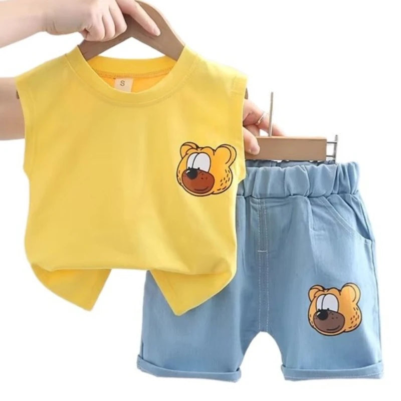 Boys Summer Children Vest Set New Boys Clothes Baby Cartoon Bear Sleeveless T-shirts Shorts 2pcs Casual Sport Sets