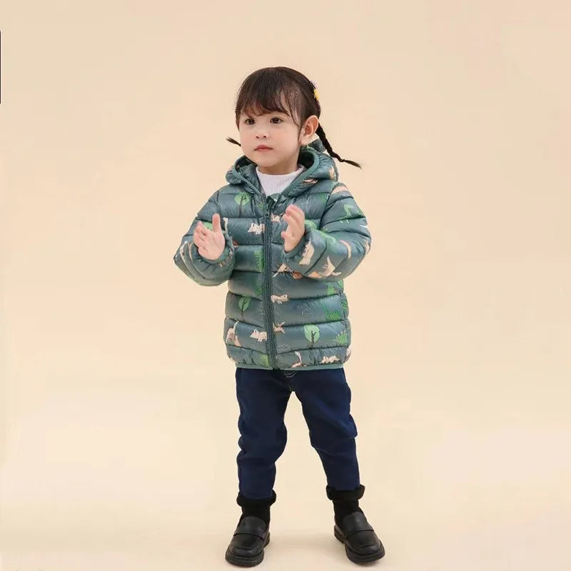 Kids Boy Lightweight Down Jacket Girl Baby Cartoon Dinosaur Outerwear Hooded Coat Autumn Winter Clothes Christmas Birthday Gifts