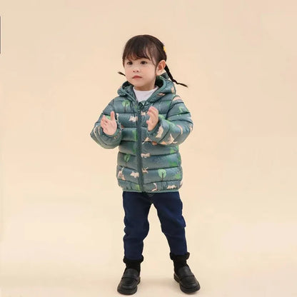 Kids Boy Lightweight Down Jacket Girl Baby Cartoon Dinosaur Outerwear Hooded Coat Autumn Winter Clothes Christmas Birthday Gifts