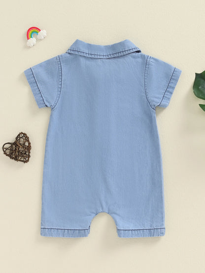 Baby Boys Summer Denim Romper Short Sleeve Lapel Button Down Jumpsuit with One Pocket