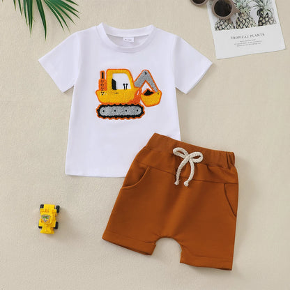 Baby Boys Summer Short Sleeve Outfit with Small Excavator Pattern Infant Toddler Clothing Set