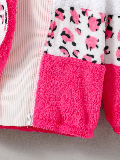 Girls' winter coral fleece leopard print color-blocked hooded jacket. Winter casual jacket.