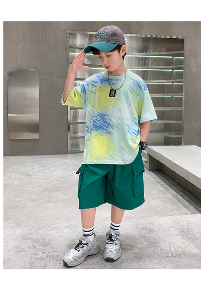 Summer  Boys Shorts Short Sleeve Shorts Handsome High Quality Leisure Sports Simple Two-piece Set.4-16year