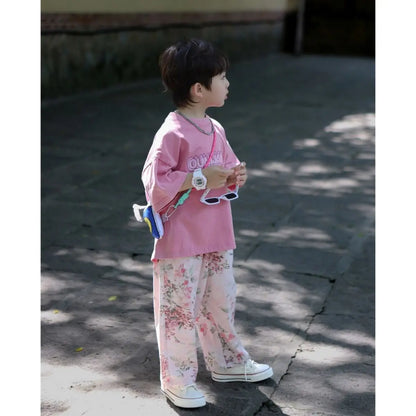 Boys Set Summer Outfit 2025 New Cute Pink T-shirt+ Floral Long Pants Children's Short Sleeved Handsome Pants Two-piece Set