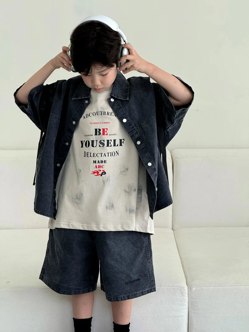 Boys' Summer Shirt Set 2025 New SummerSmall and Medium sized Children Boys' Summer Short sleeved Shirt Top