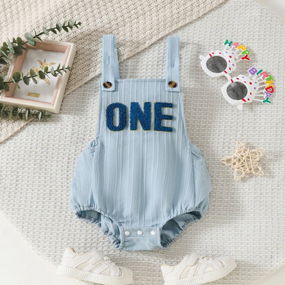 Baby Girls Boys Summer Romper Infant Sleeveless Letter Embroidery Button Casual Overalls