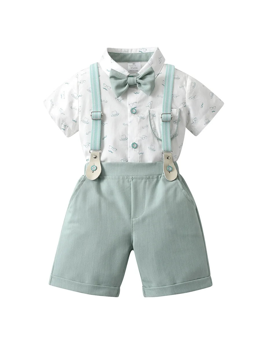 1-6Y Summer  Baby Boys Formal Costume Short Sleeve Bow Tie T-Shirt+Suspender Shorts Wedding Parties Festivals Gentleman Clothing