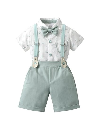 1-6Y Summer  Baby Boys Formal Costume Short Sleeve Bow Tie T-Shirt+Suspender Shorts Wedding Parties Festivals Gentleman Clothing