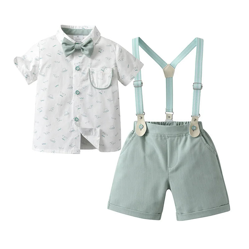 1-6Y Summer  Baby Boys Formal Costume Short Sleeve Bow Tie T-Shirt+Suspender Shorts Wedding Parties Festivals Gentleman Clothing
