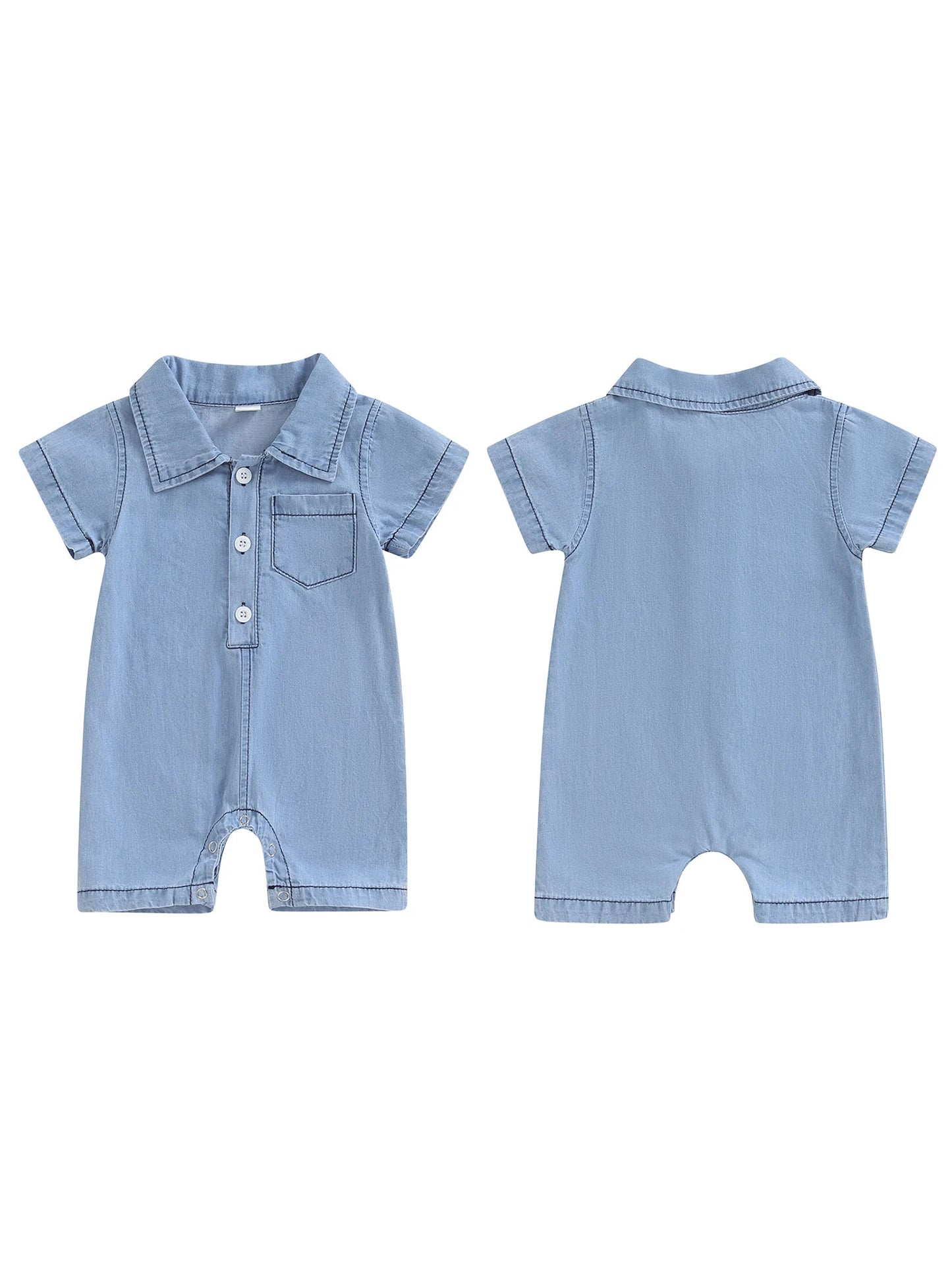 Baby Boys Summer Denim Romper Short Sleeve Lapel Button Down Jumpsuit with One Pocket