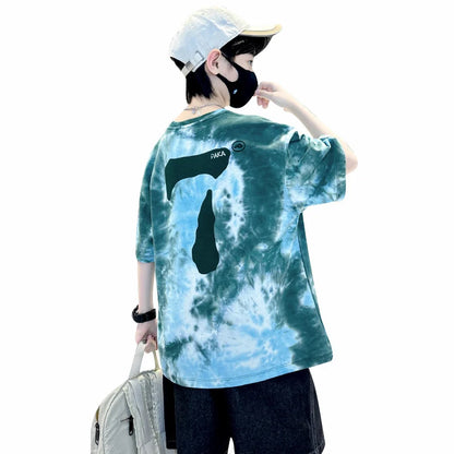 Summer Boys T Shirts Fashion Print Short Sleeve Tee Tops for Kids Cotton Tshirt Tie-Dye Casual Streetwear Teenager Outerwear