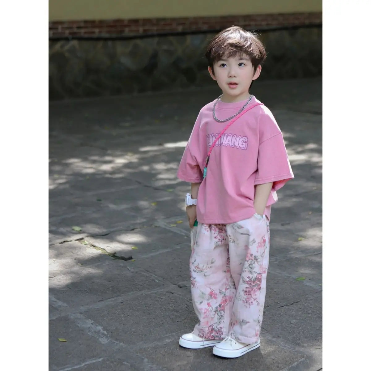 Boys Set Summer Outfit 2025 New Cute Pink T-shirt+ Floral Long Pants Children's Short Sleeved Handsome Pants Two-piece Set