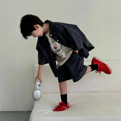 Boys' Summer Shirt Set 2025 New SummerSmall and Medium sized Children Boys' Summer Short sleeved Shirt Top