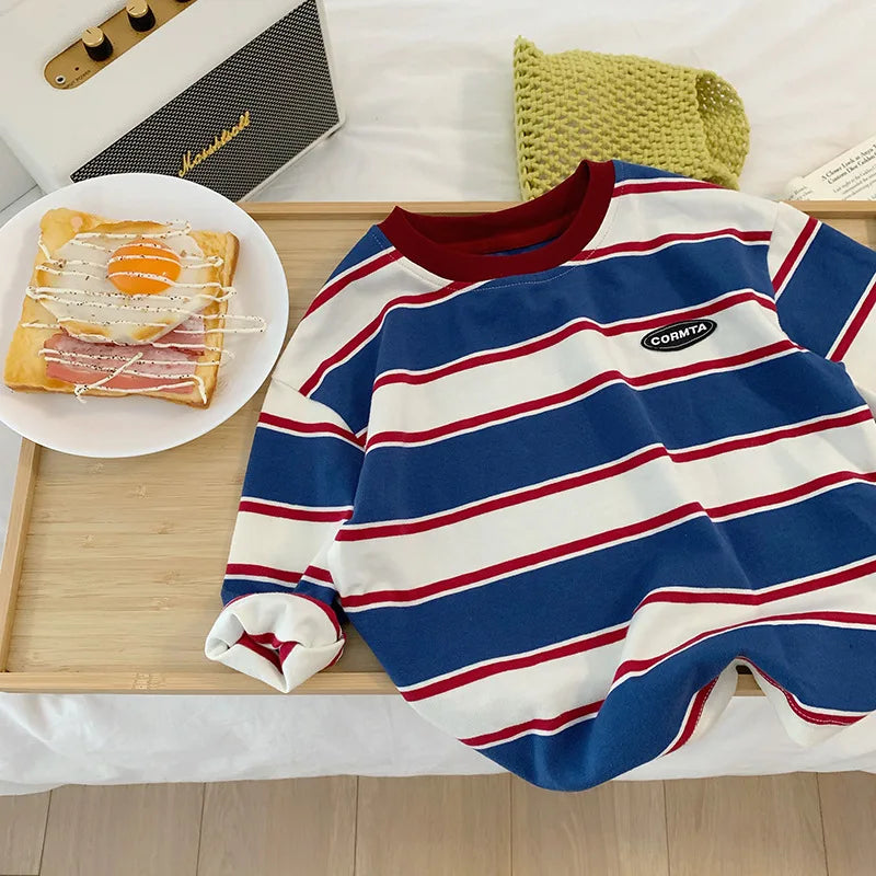 2-7Y Spring Children Clothes For Baby Girl Boys T-shirt Stripe Cotton Long Sleeves Shirts Teen Hoodie Bottoming Shirt Kids Tops