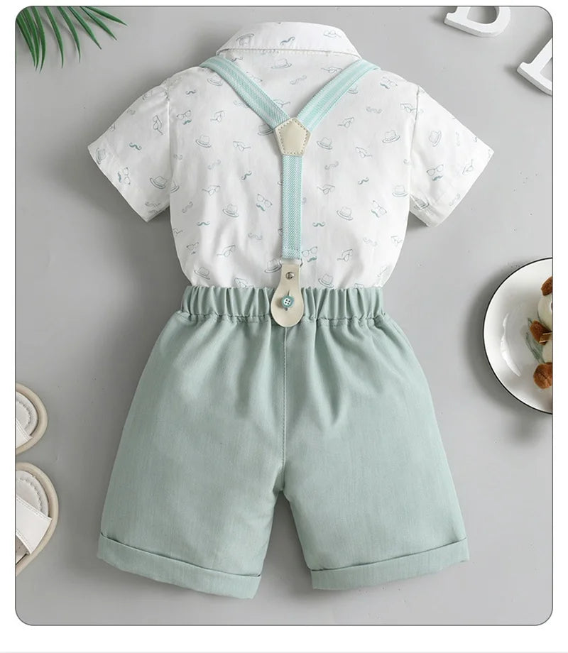 1-6Y Summer  Baby Boys Formal Costume Short Sleeve Bow Tie T-Shirt+Suspender Shorts Wedding Parties Festivals Gentleman Clothing