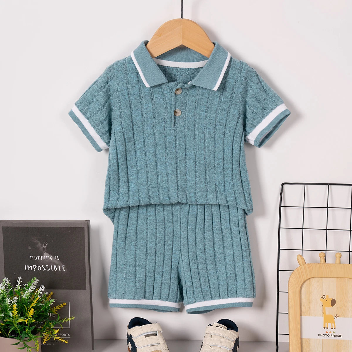 Boys' summer short-sleeved shorts set with British style collar and ribbed set for daily wear or going out