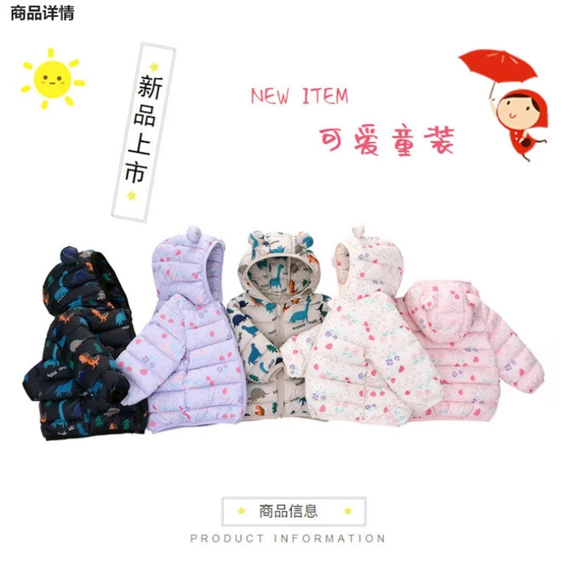 Kids Boy Lightweight Down Jacket Girl Baby Cartoon Dinosaur Outerwear Hooded Coat Autumn Winter Clothes Christmas Birthday Gifts
