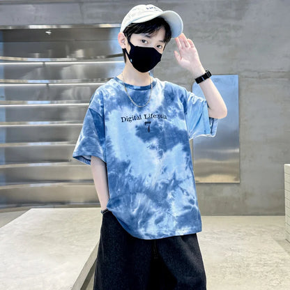 Summer Boys T Shirts Fashion Print Short Sleeve Tee Tops for Kids Cotton Tshirt Tie-Dye Casual Streetwear Teenager Outerwear