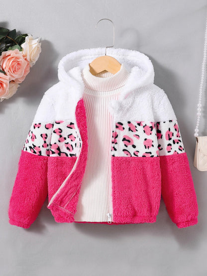 Girls' winter coral fleece leopard print color-blocked hooded jacket. Winter casual jacket.