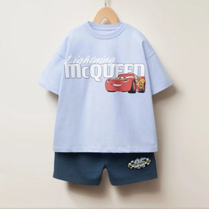 Summer Clothes Children Cartoon Car Print T-shirt+shorts Boys Child Round Neck Tees Loose Simple Shorts Trendy Costume Suit