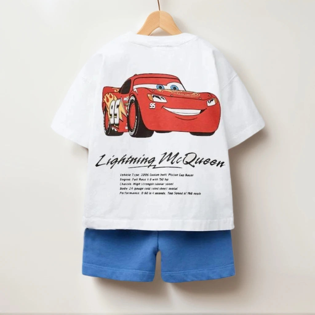 Summer Clothes Children Cartoon Car Print T-shirt+shorts Boys Child Round Neck Tees Loose Simple Shorts Trendy Costume Suit