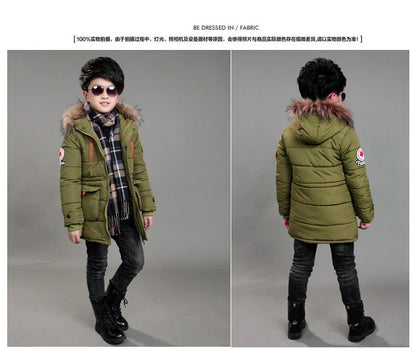 5-14 Years Big Boys Jacket Winter Thicken Warm Teenager Kids Jacket Fashion Long Style Zipper Hooded Children Outerwear Clothing