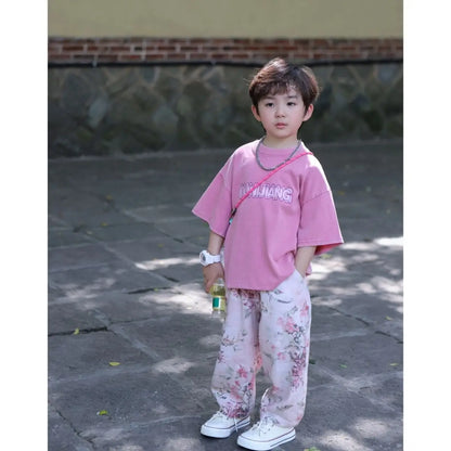 Boys Set Summer Outfit 2025 New Cute Pink T-shirt+ Floral Long Pants Children's Short Sleeved Handsome Pants Two-piece Set